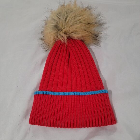 Free People Knit Beanie Hat Pom Pom Red Snow Winter Ski - Picture 1 of 4